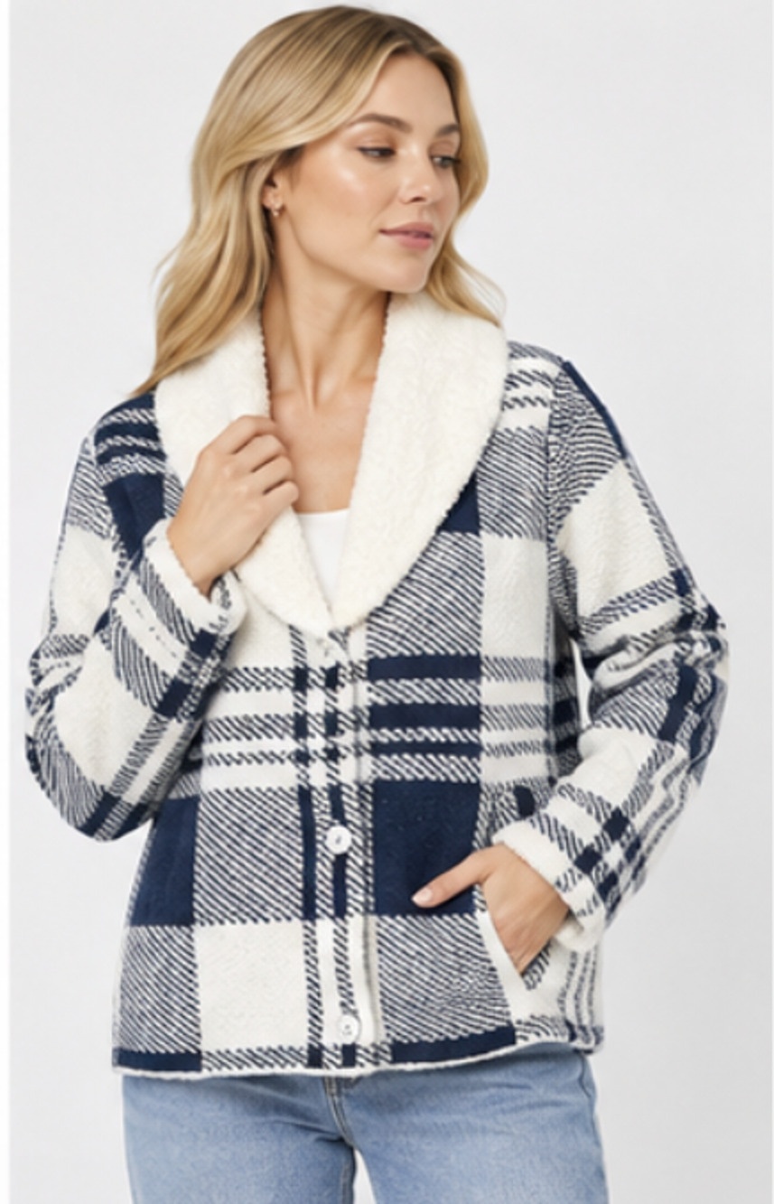 BAREFOOT DREAMS ROYAL PLAID COZYCHIC SHEARLING CARDIGAN SWEATER JACKET SZ XL